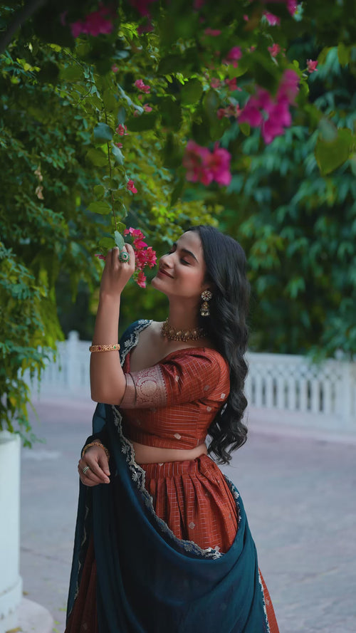 Rust Brown Chinon Checks Langa Davani Set with Emerald Dupatta product reel