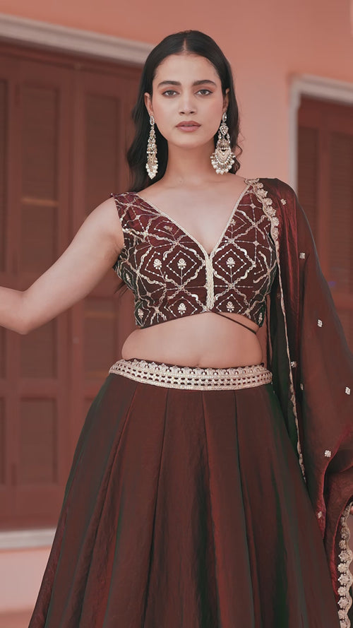 Deep Wine Sequin Embroidered Fendi Silk Lehenga Choli Set product reel
