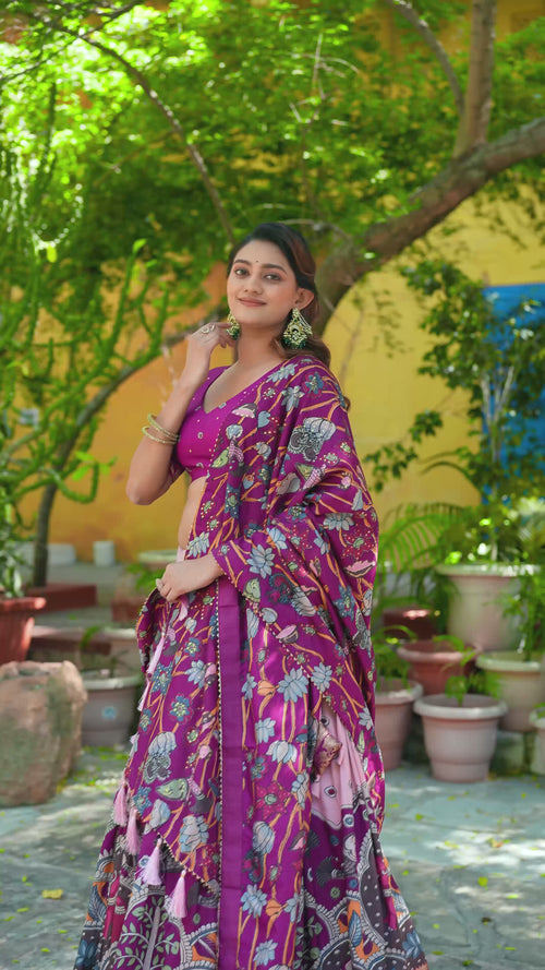 Pink Kalamkari Printed Tasar Silk Lehenga Choli Set with Tassel Dupatta product reel