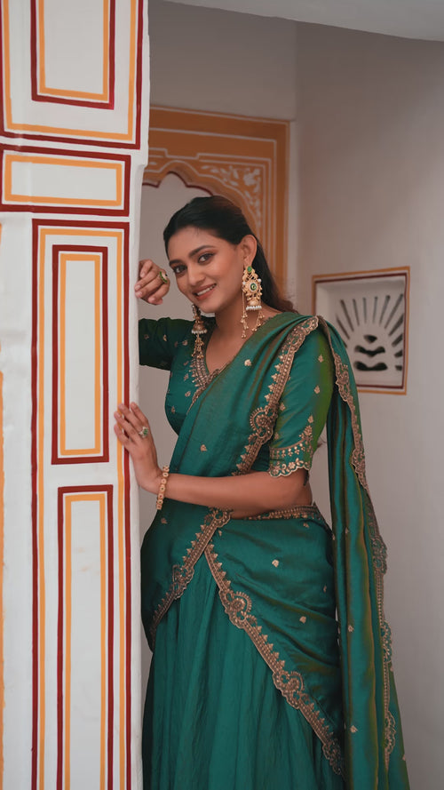 Dark Green NC Silk Lehenga Choli Set with Embroidered Blouse Fabric product reel