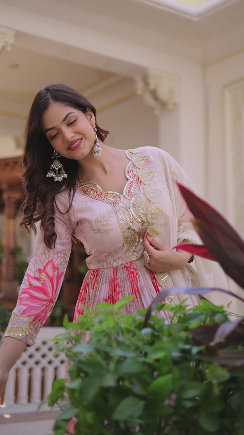 Pink Floral Printed Russian Silk Embroidered Gown with Dupatta product reel
