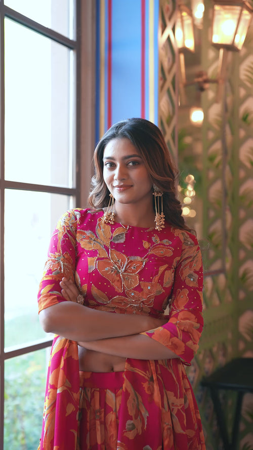 Pink Floral Printed Marble Lehenga Choli Set with Handwork Blouse product reel