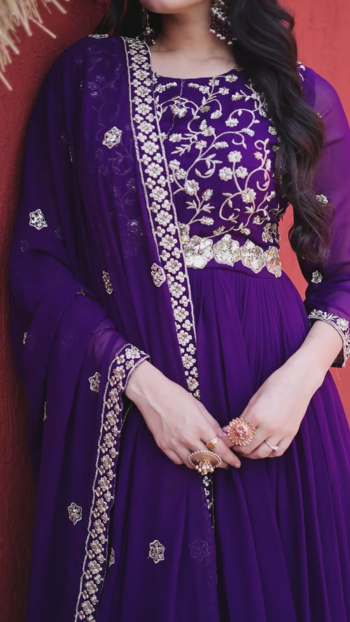 Maroon Pipe Bead Embroidered Faux Blooming Gown with Dupatta product reel