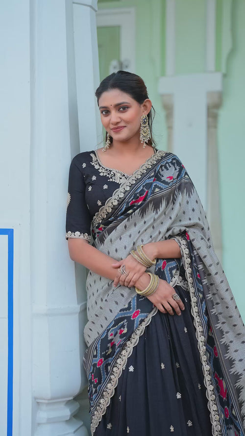 Black Embroidered Vichitra Silk Lehenga Choli Set with Ikkat Dupatta product reel