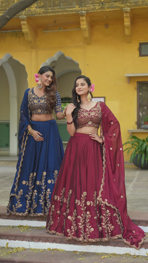 Dark Purple Floral Embroidered Rangoli Silk Lehenga Choli Set with Matching Dupatta product reel
