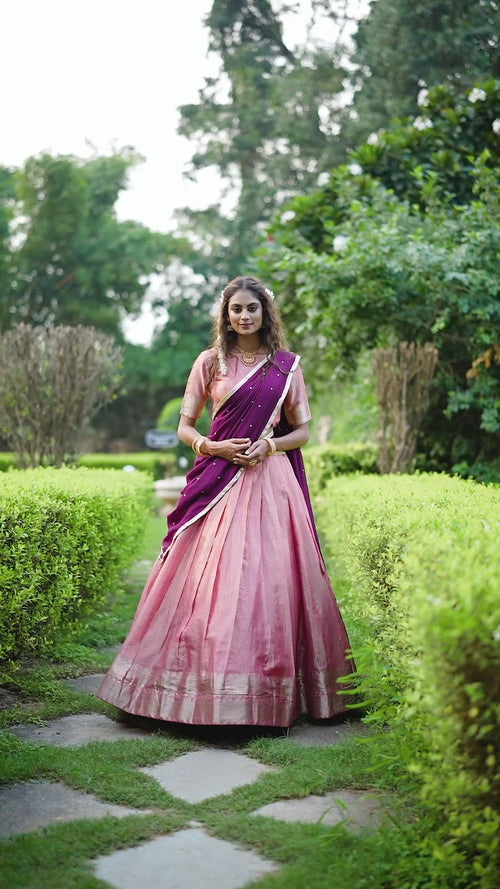 Rose Pink Kanchipuram Zari Lehenga Choli Set with Magenta Dupatta product reel