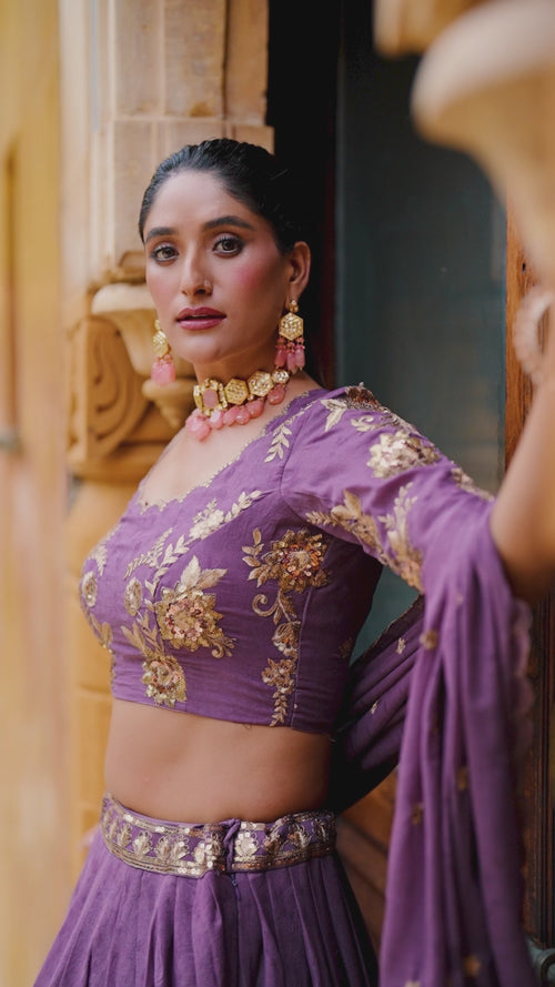 Mauve Gold Floral Embroidered Chocolate Crush Lehenga Choli Set product reel