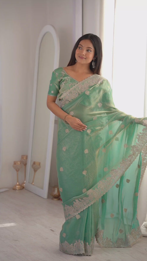 Teal Fendy Crush Zari Embroidered Designer Saree product reel
