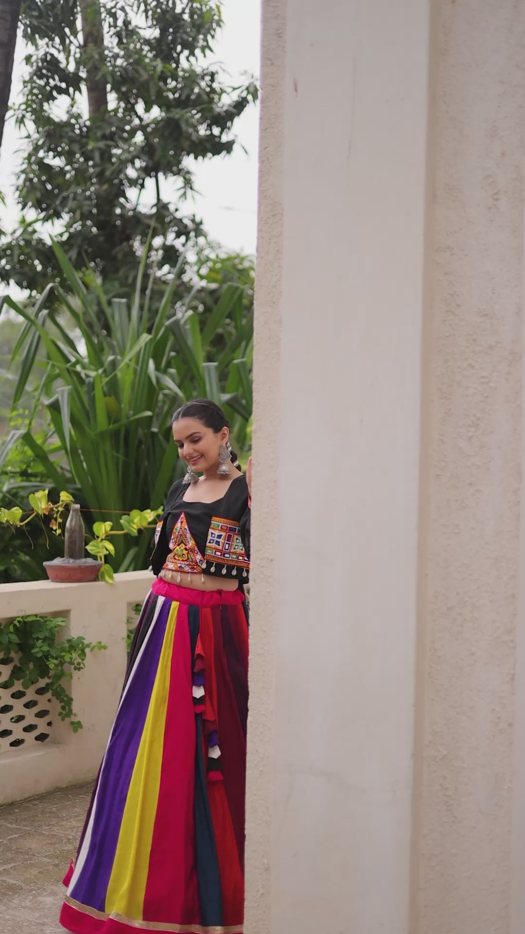 Multicolour Roman Fabric Lehenga with Gamthi Embroidered Blouse & Koti
