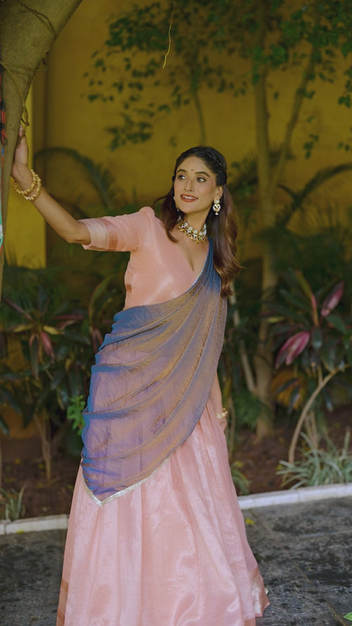 Peach Dupion Silk Lehenga Choli Set with Mocha Shimmer Dupatta product reel