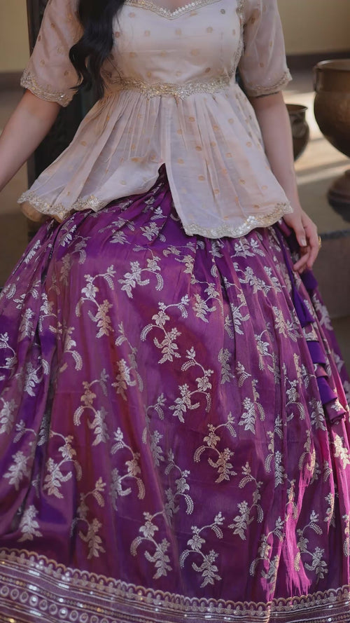 Wine Embroidered Viscose Jacquard Lehenga Set with Stitched Peplum Blouse product reel