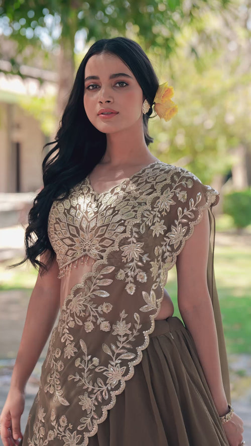 Olive Brown Layered Marble Lehenga Choli Set with Ready-to-Wear Dupatta product reel
