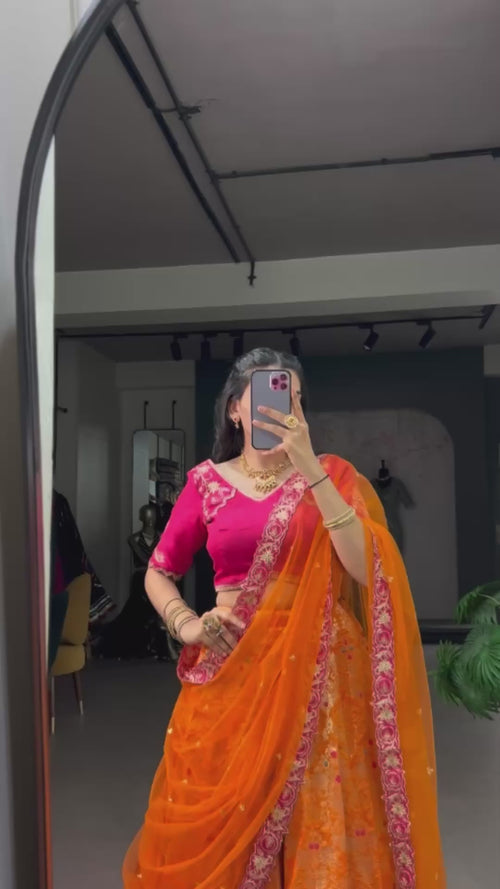 Orange Jacquard Silk Lehenga Choli product reel