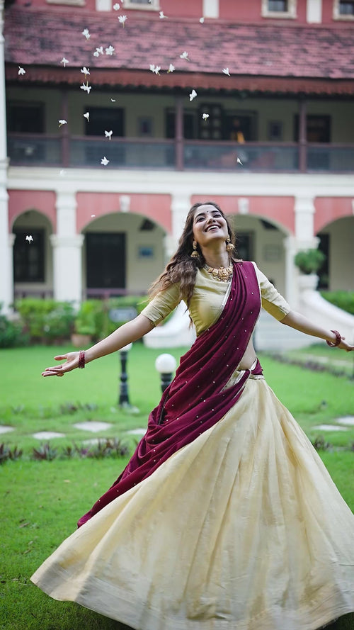 Beige Kanchipuram Zari Lehenga Choli Set with Magenta Dupatta product reel