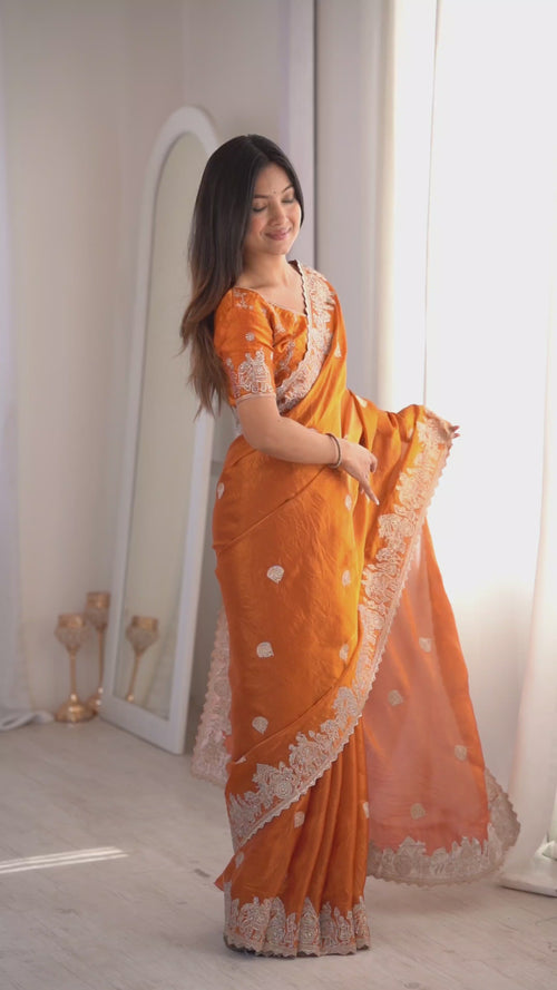 Orange Fendy Crush Zari Embroidered Designer Saree product reel