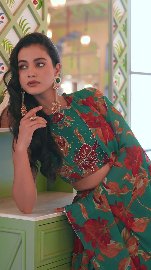 Teal Floral Printed Marble Lehenga Choli Set with Handwork Blouse product reel