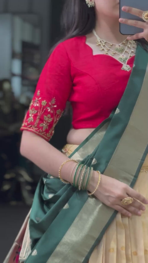 Ivory Kanchipuram Silk Lehenga Choli with Red Paithani Dupatta product reel