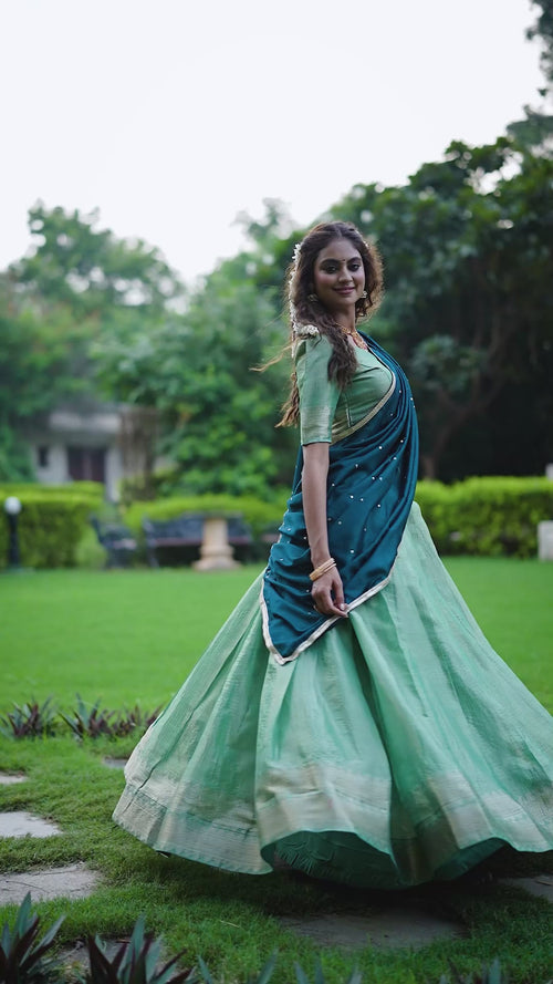 Sea Green Kanchipuram Zari Lehenga Choli Set with Magenta Dupatta product reel