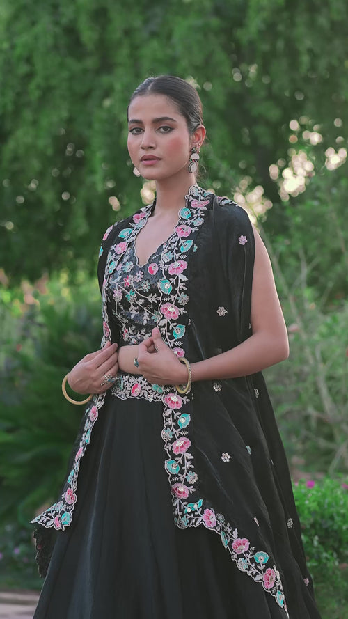 Black Floral Embroidered Frendy Silk Lehenga Choli Set product reel