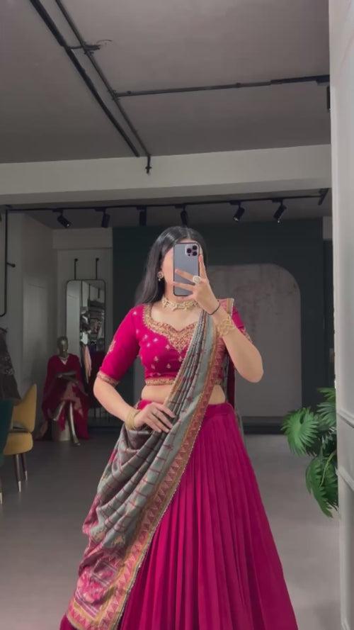 Red Embroidered Vichitra Silk Lehenga Choli Set with Foil Printed Dupatta product reel