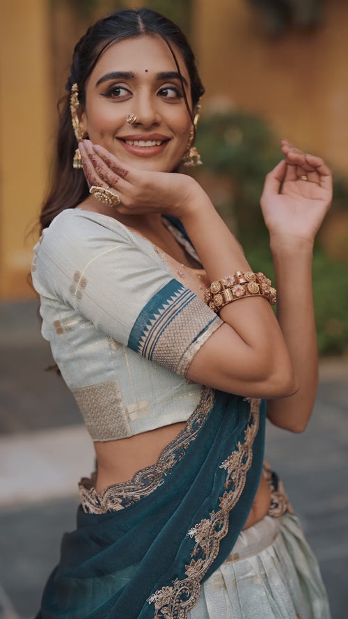 Teal Slub Kota Paithani Border Lehenga Choli with Blue Dupatta product reel