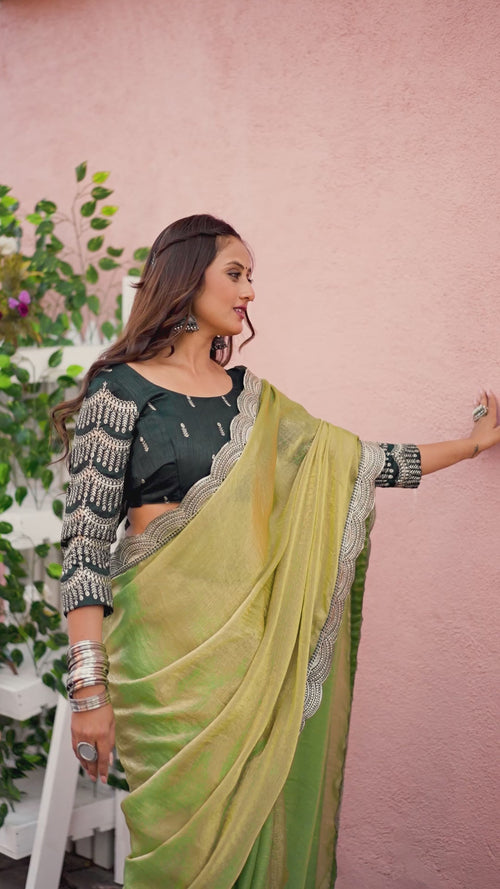 Fendy Satin Silk Saree with Ornate Zari Embroidery Cutwork Border and Designer Blouse product reel