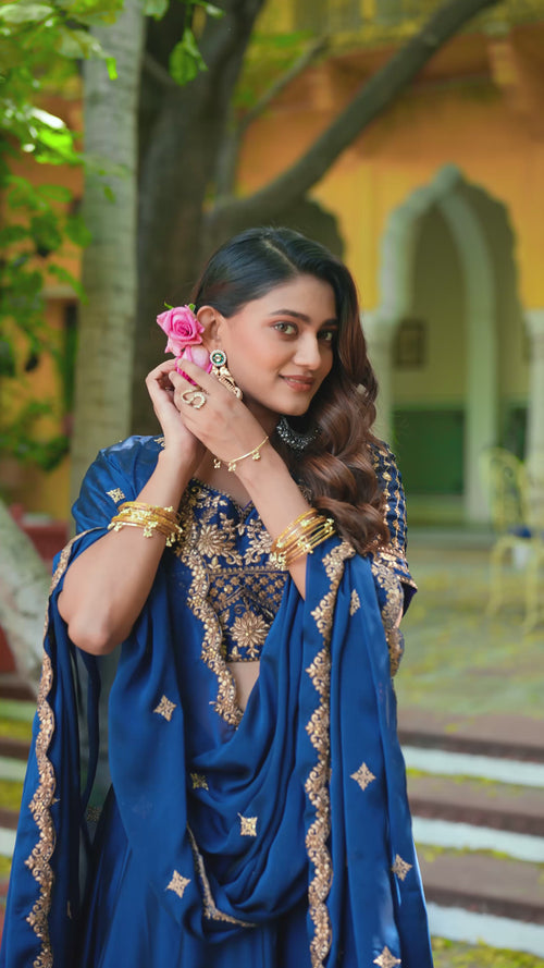 Blue Floral Embroidered Rangoli Silk Lehenga Choli Set with Matching Dupatta product reel