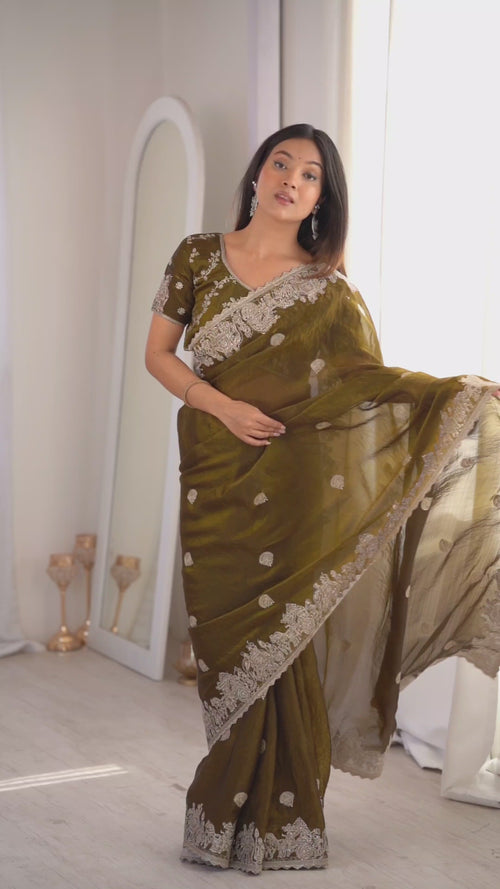 Olive Green Fendy Crush Zari Embroidered Designer Saree product reel