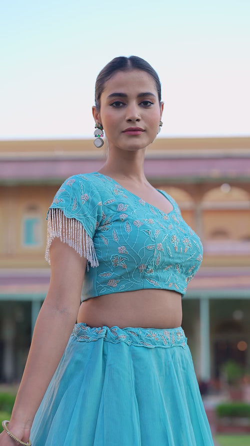 Sea Green Beaded Gold Coin Lehenga Choli Set product reel