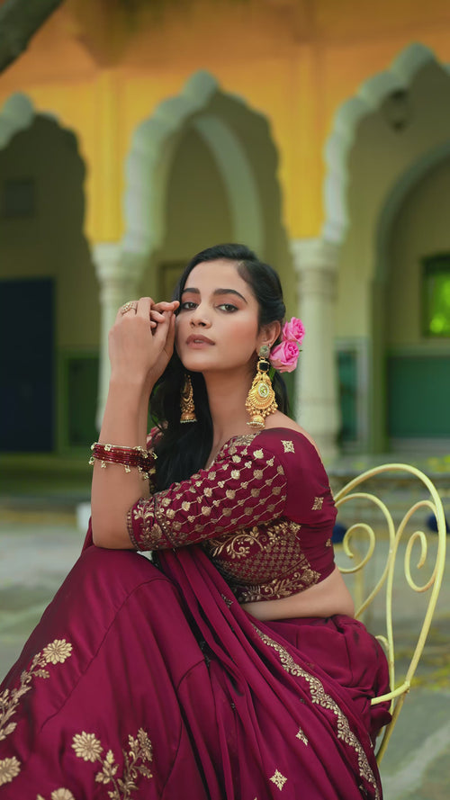 Wine Floral Embroidered Rangoli Silk Lehenga Choli Set with Matching Dupatta product reel