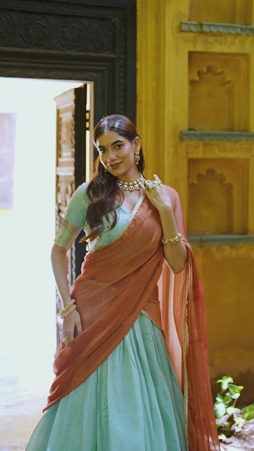 Sky Blue Dupion Silk Lehenga Choli Set with Mocha Shimmer Dupatta product reel