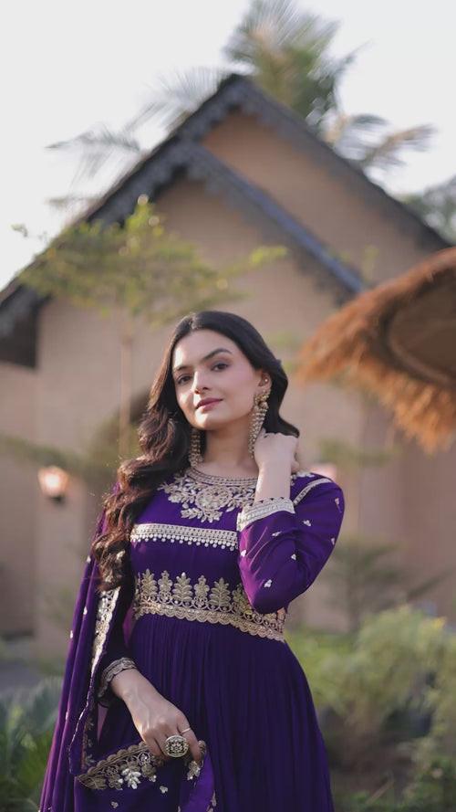 Dark Purple Zari Embroidered Georgette Gown with Dupatta product reel