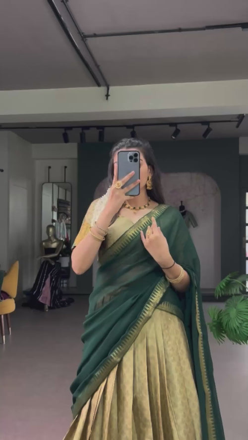 Antique Gold Poly Cotton Lehenga Choli with Emerald Green Dupatta product reel
