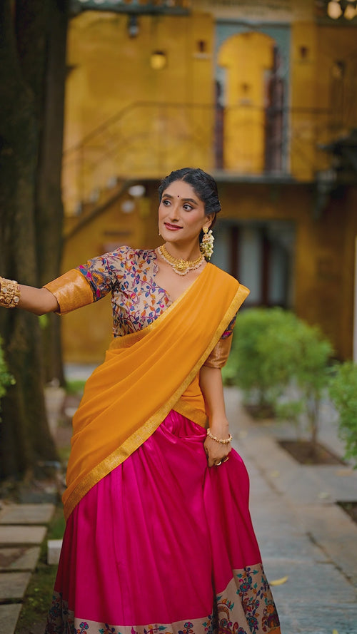 Pink Printed Aastha Silk Lehenga Choli Set with Stitched Blouse product reel