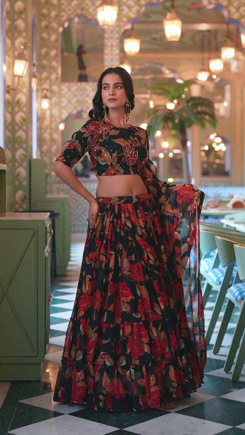 Black Floral Printed Marble Lehenga Choli Set with Handwork Blouse product reel