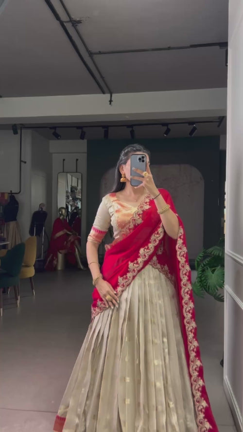 Beige Paithani Border Lehenga Choli Set with Ruby Red Dupatta product reel