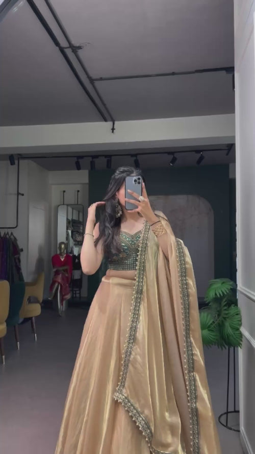 Zariya Muse Beige Fendi Lehenga Choli Set with Emerald Embroidered Blouse product reel