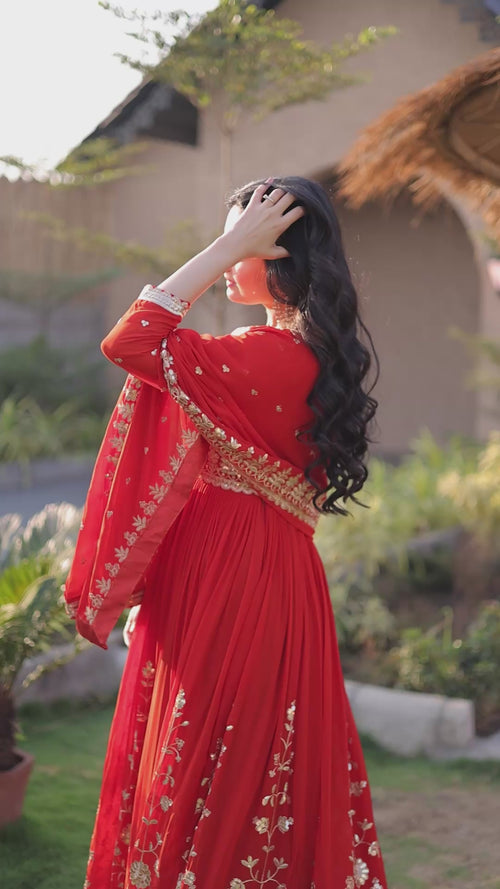 Orange Zari Embroidered Georgette Gown with Dupatta product reel