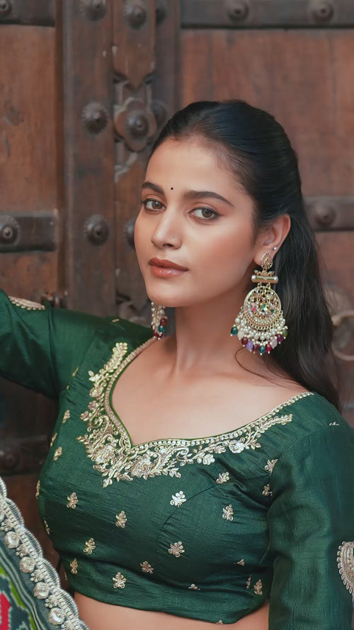 Battle Green Embroidered Vichitra Silk Lehenga Choli Set with Ikkat Dupatta product reel