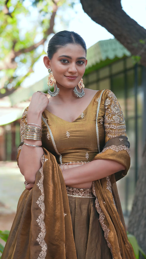 Antique Gold Sequin Embroidered Fendi Lehenga Choli Set product reel