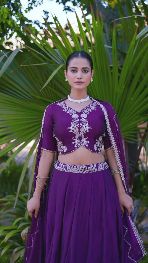 Dark Purple Embroidered Rangoli Crush Lehenga Choli Set product reel
