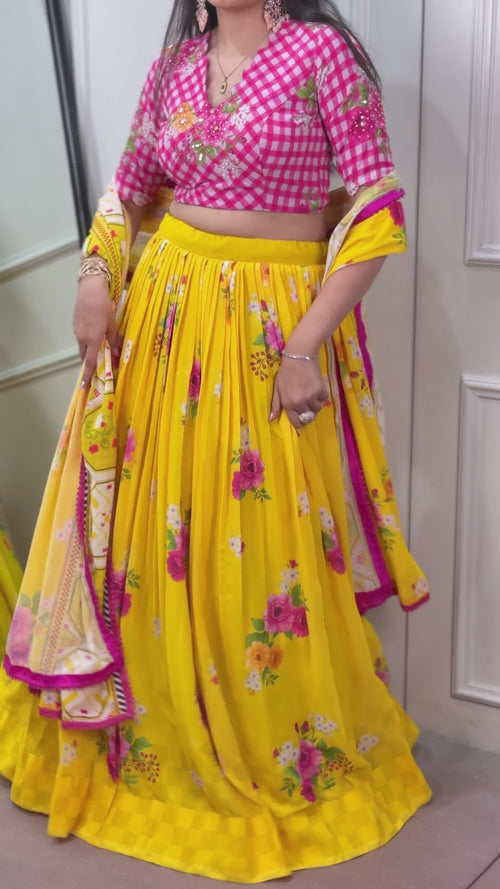 Yellow Floral Printed Georgette Lehenga Choli Set with Handwork Blouse product reel