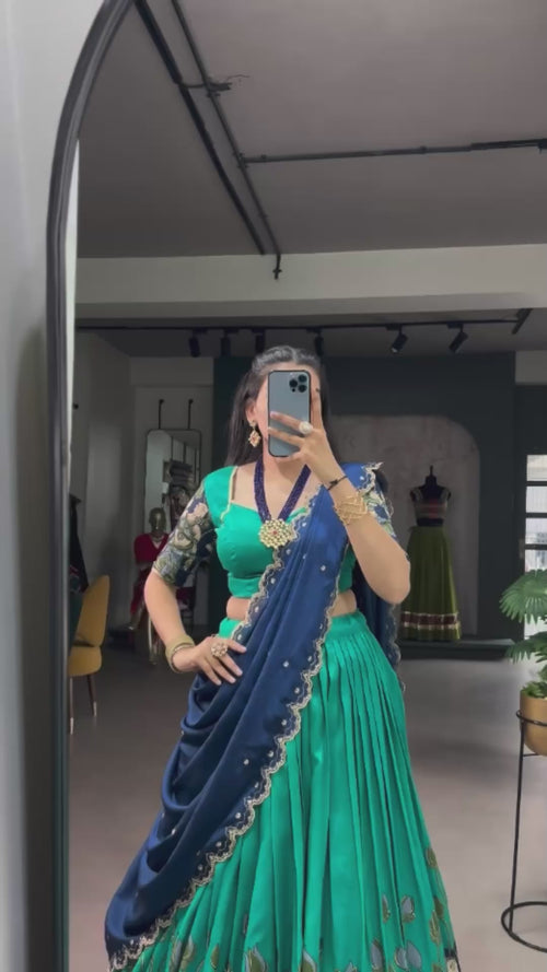 Dark Purple Kalamkari Printed Tasar Silk Lehenga Choli Set with Embroidered Chinon Dupatta product reel