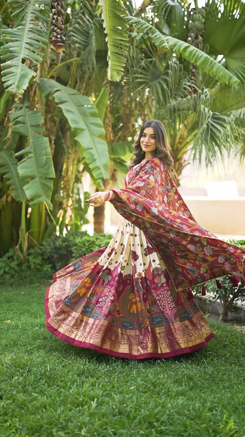 Beige Kalamkari Printed Tasar Silk Lehenga Choli Set with Tassel Dupatta product reel