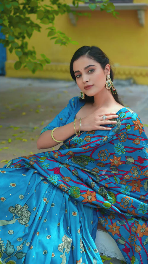 Blue Kalamkari Printed Tasar Silk Lehenga Choli Set with Tassel Dupatta product reel
