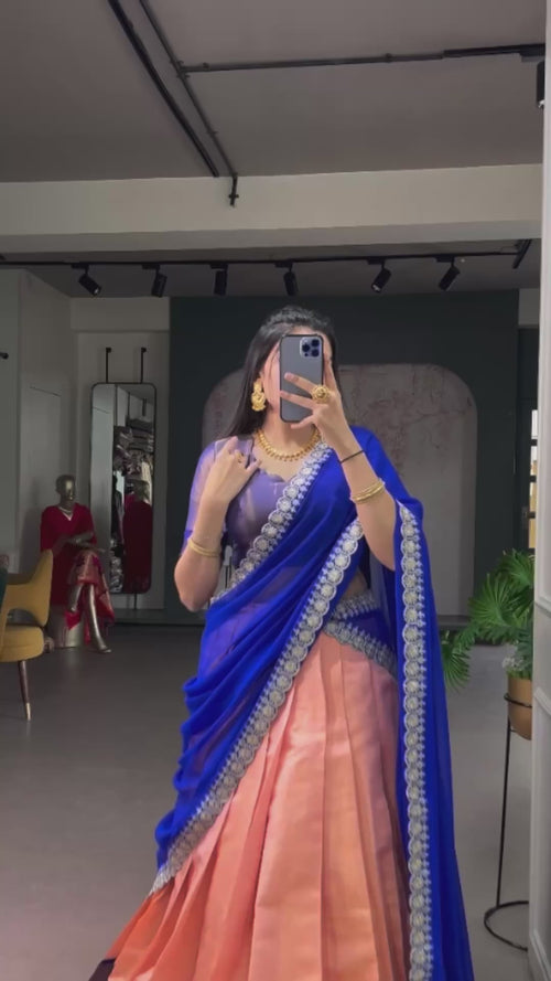 Peach Pink Kanchipuram Zari Lehenga Choli Set with Royal Blue Dupatta product reel