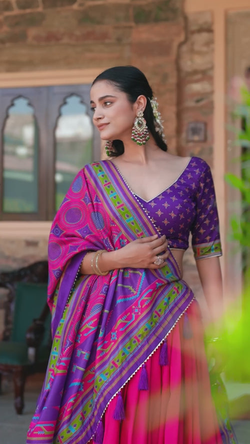 Pink Tasar Silk Lehenga Choli Set with Printed Tassel Dupatta product reel