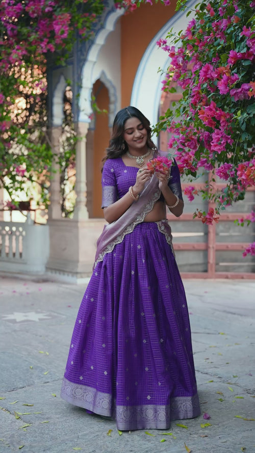 Dark Purple Chinon Checks Langa Davani Set with Emerald Dupatta product reel