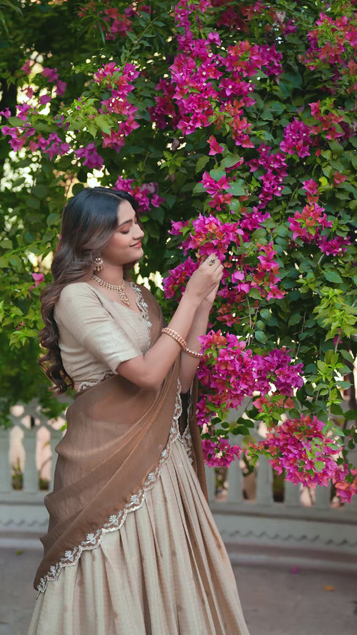 Beige Chinon Checks Langa Davani Set with Emerald Dupatta product reel