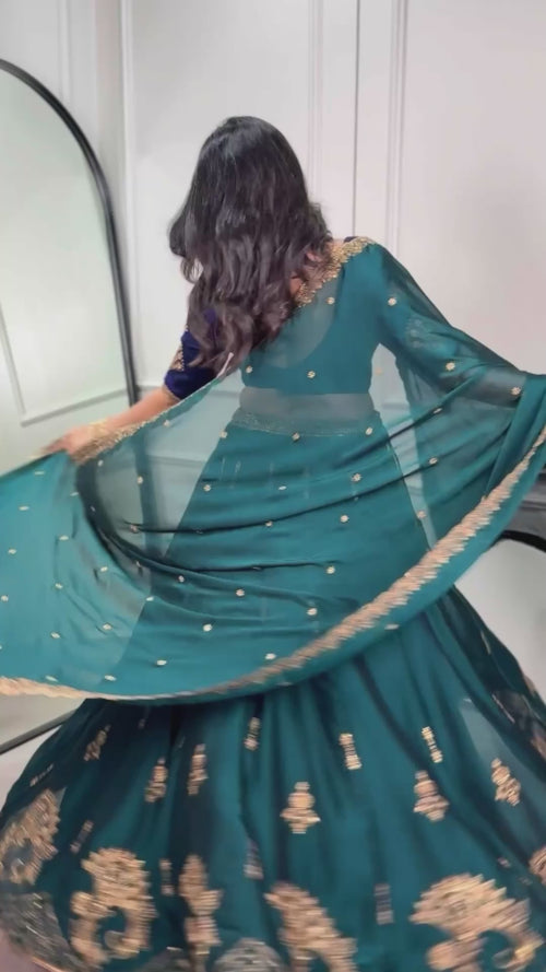 Regal Emerald Green Sequin Embroidered Rangoli Silk Lehenga Choli Set product reel